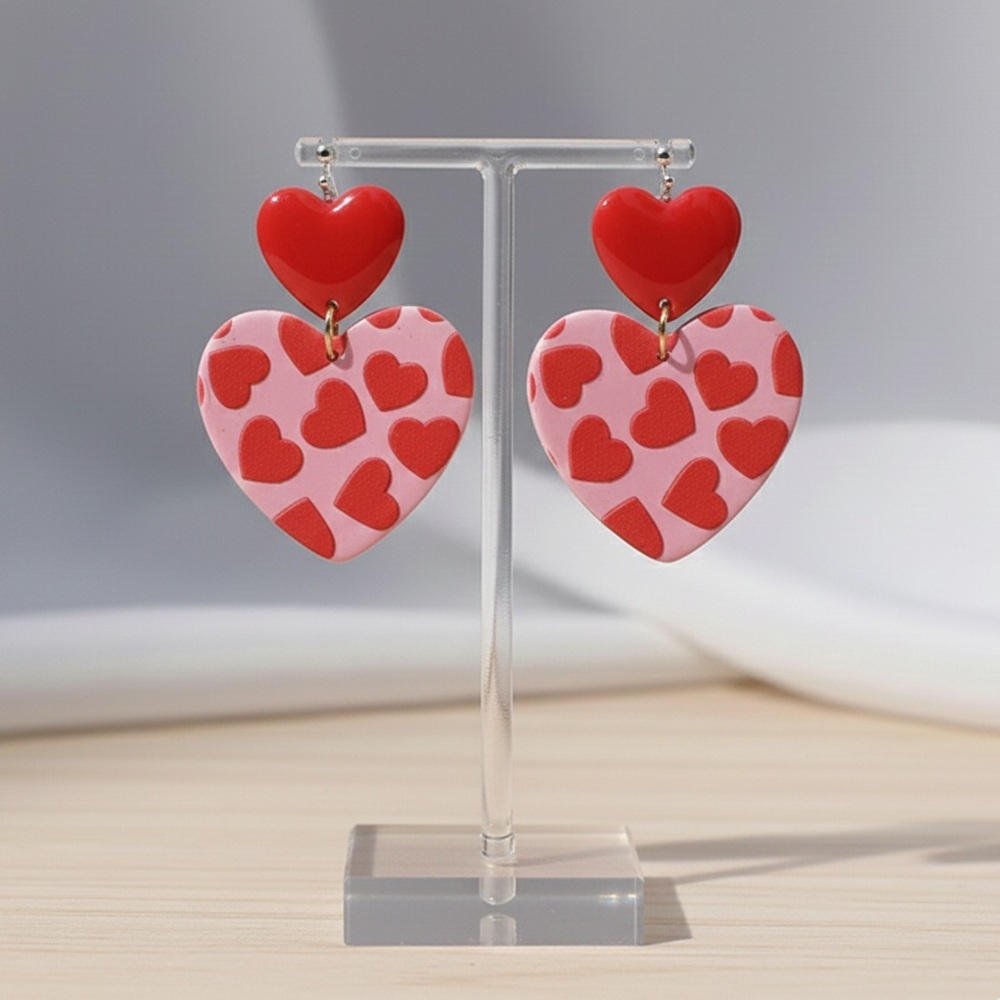 Sweetheart Duo Dangle — Handmade Earrings — Hypoallergenic — Red - Picture 2 of 6